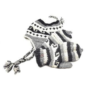 6752 Hand Knit Wool Ear Flap Hat + Matching Convertible Fingerless Mittens